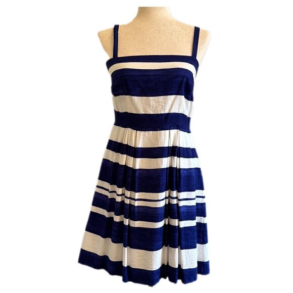 LOFT Size 0 (Fits 2-4) Blue & White Striped Fit and Flare Midi Dress - Picture 2 of 14